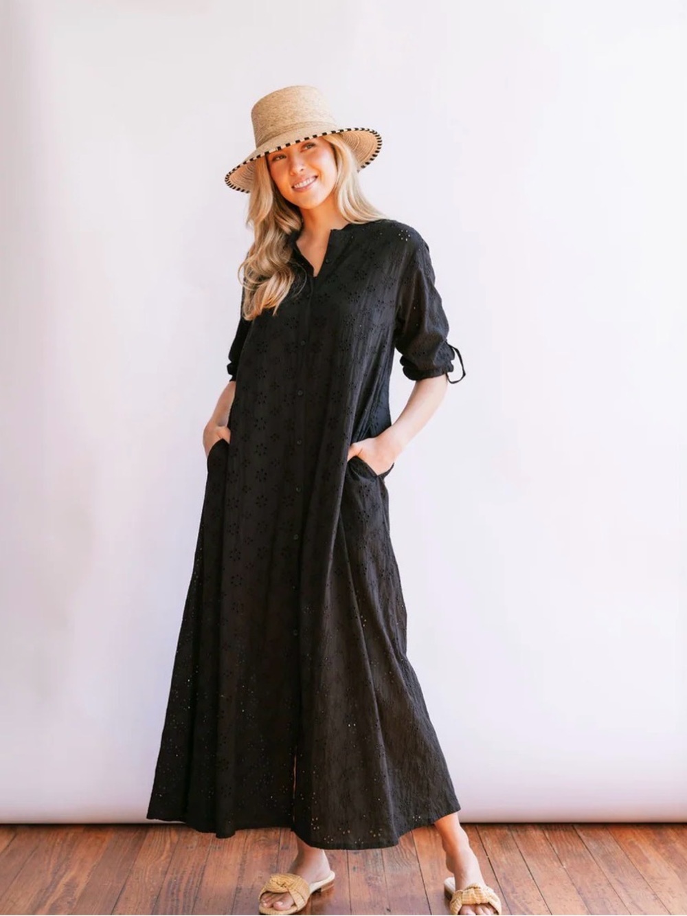 Sunshine Tienda
Black Eyelet Swizzle Black Eyelet Maxi Dress with Pockets NWT